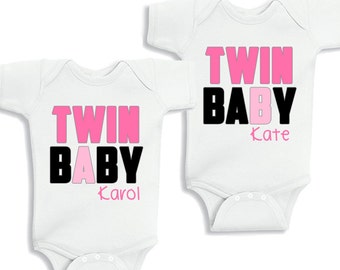 Twin Baby A and Twin Baby B Baby Girls Set of 2 kids Shirt or Baby Bodysuit