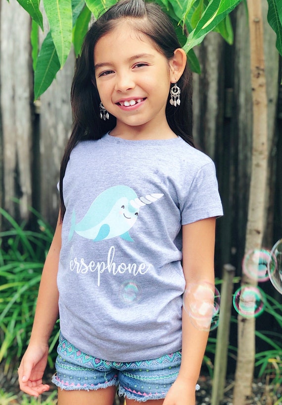 Personalized Narwhal Glitter Birthday Girl's T-Shirt
