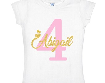 Personalized Birthday Girl  T-Shirt Glitter Gold Name and Pink Age