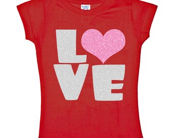 Love Pink Heart Glitter Red Shirt for Girls