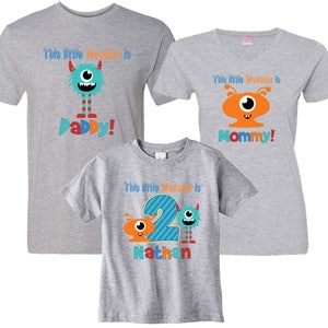 This Little Monster is birthday boy, Daddy and Mommy Matching 3 HEATHER Shirt Set