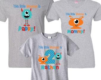 This Little Monster is birthday boy, Daddy and Mommy Matching 3 HEATHER Shirt Set