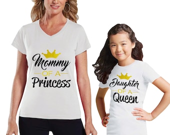 Mommy of a Princess / Daughter of a Queen Metallic Gold Mommy and Daughter Shirt Set