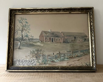 Antique Watercolor Painting | c. 1800's | Original Watercolor | Primitive Artwork | Maine Farmhouse | Antique Cape | Maine Vintage Goods