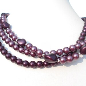 80's Jazzberry Jam Colored Faux Pearl 3-Strand Collar Necklace image 1