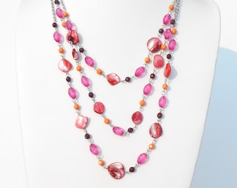 80's Jive Jelly Bean Pink & Orange, Mango Tango Orange, and Mordan Red Colored Beads 3-Strand Necklace!