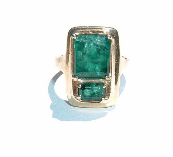 80s Natural Emerald Ring 14k Gold with 2 Stones Size 8