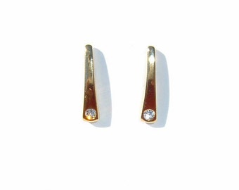 80s Diamond Simulant in Flush Setting and Graduated Rectangle Shape Gold Tone Pierced Earrings