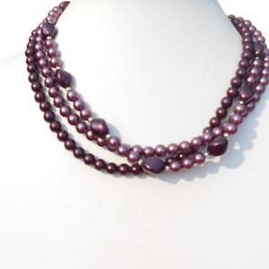 80's Jazzberry Jam Colored Faux Pearl 3-Strand Collar Necklace image 2