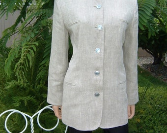80s Designer Harve Benard by Benard Holtzman Fitted 100% Linen Blazer 5 Button Front Narrow Mandarin Collar Fully Lined Women's Size 10