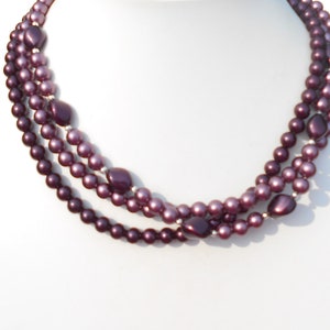 80's Jazzberry Jam Colored Faux Pearl 3-Strand Collar Necklace image 6