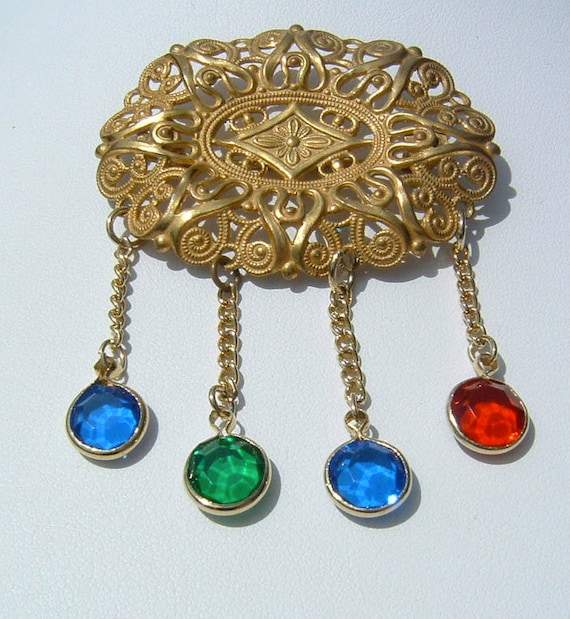 80s MIRIAM HASKELL Filigree and Drop Crystals Bro… - image 4