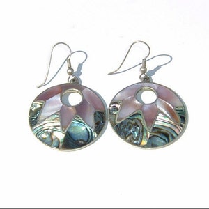 80s MOTHER of PEARL and Abalone Inlay Loop Drop Pierced Earrings Accentuated in Silver Marked &quot;Mexico&quot;