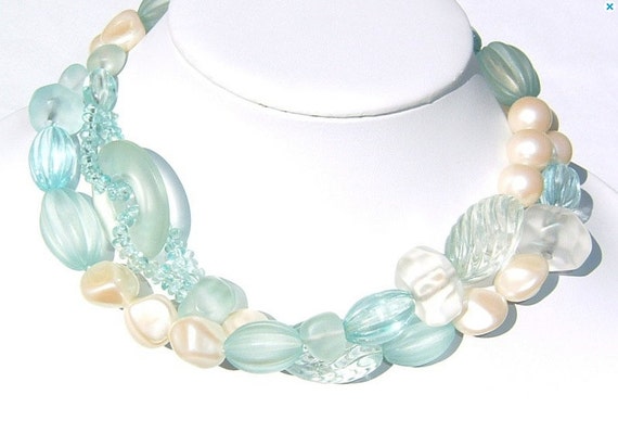 80s Frosty Celeste & Cream Baroque Faux Pearls Pa… - image 3