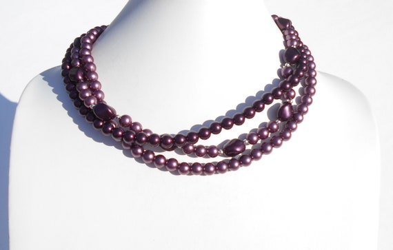 80's Jazzberry Jam Colored Faux Pearl 3-Strand Co… - image 5