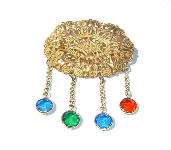 80s MIRIAM HASKELL Filigree and Drop Crystals Bro… - image 5