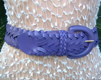 80s French Violet color Leather Braided Belt by MILOR Size Medium/Large