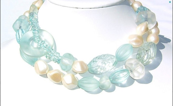 80s Frosty Celeste & Cream Baroque Faux Pearls Pa… - image 1