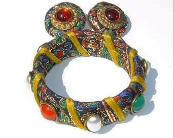 80s Beautiful Rich Tapestry Covered Bangle Bracelet with Faux Pearl and Jewels and Earring Set