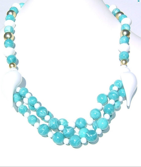 80s COOL Cyan Marble like Beads 3 Stranded and She