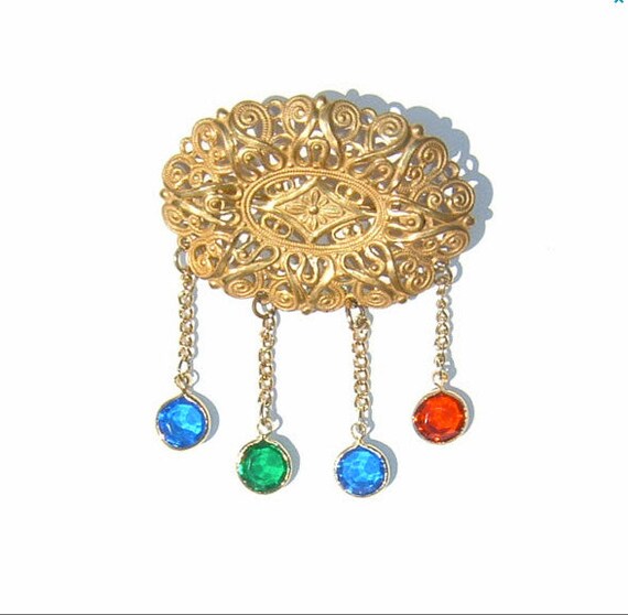 80s MIRIAM HASKELL Filigree and Drop Crystals Bro… - image 1