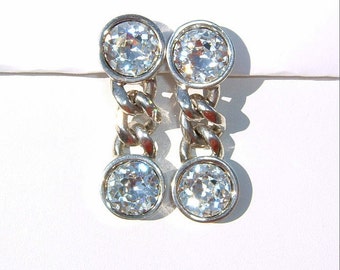 80s Crystal Foiled Drop Heavy Chain Link Silver Cased Clip Dangle Earrings