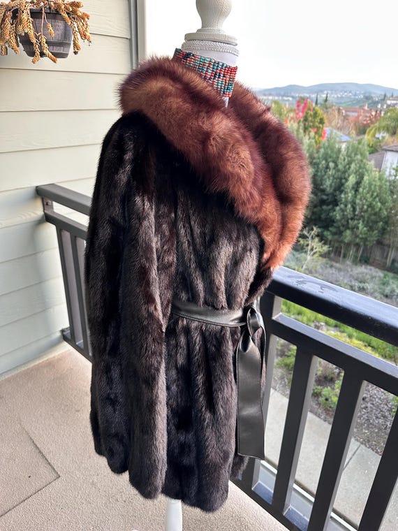 Genuine Dark Ranch Mink Fur Women's Coat Manto Stroller Jacket with Breathtaking SABLE FUR COLLAR, Stunning Luxurious View 6