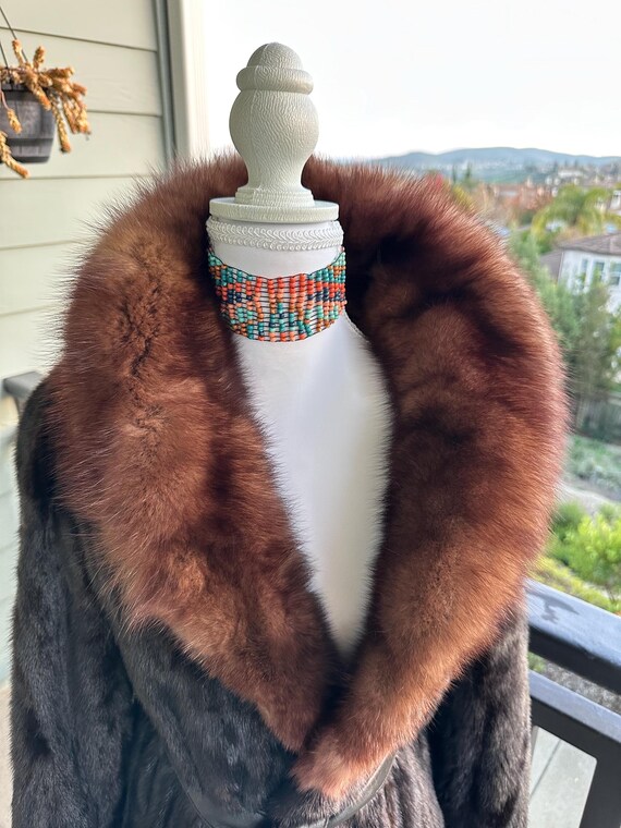 Genuine Dark Ranch Mink Fur Women's Coat Manto Stroller Jacket with Breathtaking SABLE FUR COLLAR, Stunning Luxurious View 5