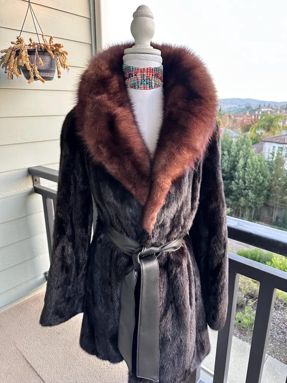 Genuine Dark Ranch Mink Fur Women's Coat Manto Stroller Jacket with Breathtaking SABLE FUR COLLAR, Stunning Luxurious