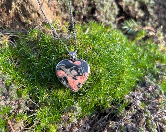 Peach Blossom Jasper Heart Necklace, Sterling Silver Flower Pendant