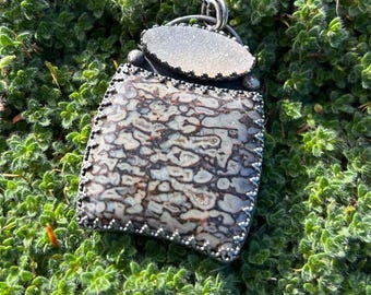 N123 Stunning dinosaur bone & druzy sterling necklace