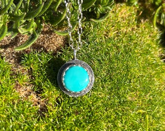 N108 Turquoise Sterling Silver Necklace, Patina Bezel, 18 inch Chain