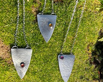 N101-103 Simple shield sterling necklaces, amethyst, citrine & garnet