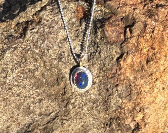 N106 Opal Sterling Silver Necklace, Textured Brass Bail, 18" Chain