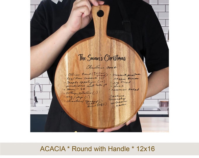 Handwritten Recipe Cutting Board engraved, Acacia Round Shape, Circle with handle, Actual Handwriting Recipe, pizza peel, charcuterie board