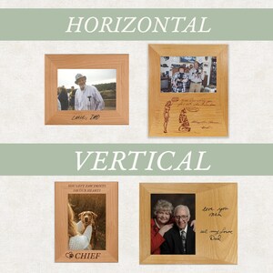 May include: Four light-colored wooden picture frames displayed in horizontal and vertical orientations. The frames feature engraved text and illustrations, including handwritten notes like Love, DAD, and You left paw prints on our hearts.