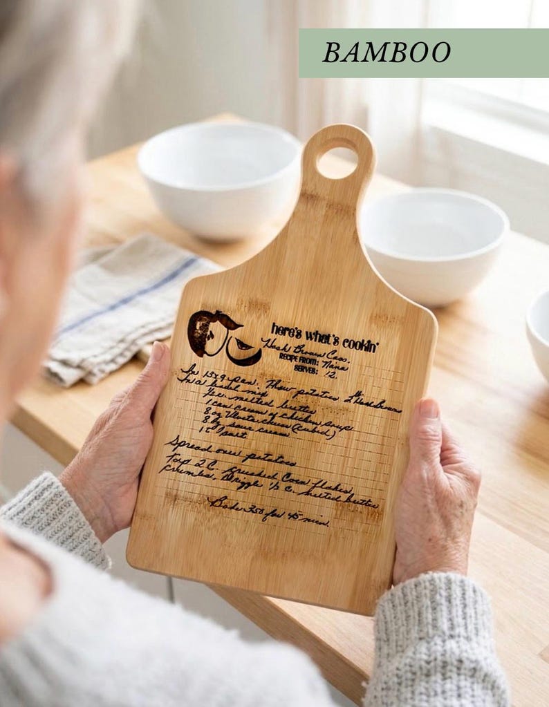 bamboo engraved handwriting gift memory of grandma custom laser engraved mom gift grandma recieving gift of beloved family recipe in loved one's handwriting