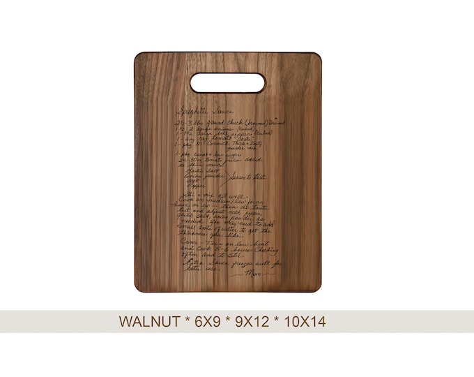 Engraved Recipe Cutting Board kitchen decor handwritten, walnut personalized handwriting, walnut, Custom handwritten gift, board with handle