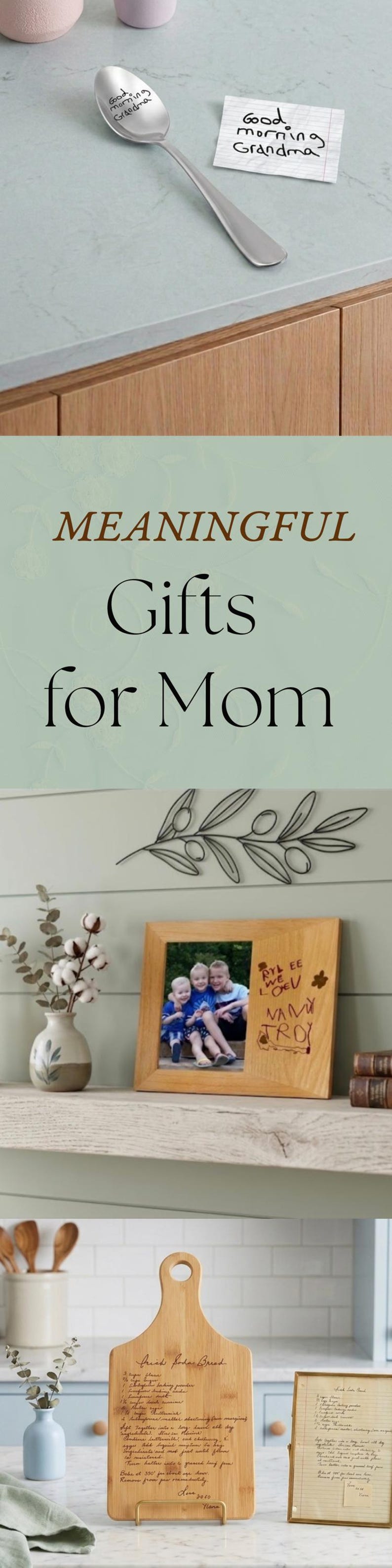 May include: A silver spoon engraved with the text Good morning Grandma, a white note with the same text, a wooden picture frame with a photo of three children and handwritten text, and a wooden cutting board with a handwritten recipe for Irish Soda Bread.