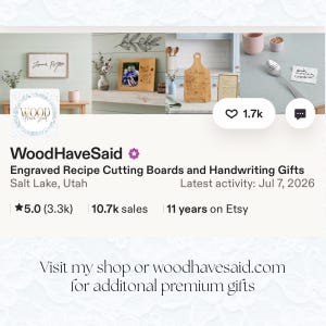 May include: The WoodHaveSaid Etsy shop banner displays a logo with a floral wreath, shop name, and location in Salt Lake, Utah. It features a collage of engraved wooden cutting boards, a photo frame, and a spoon with text, plus shop statistics.