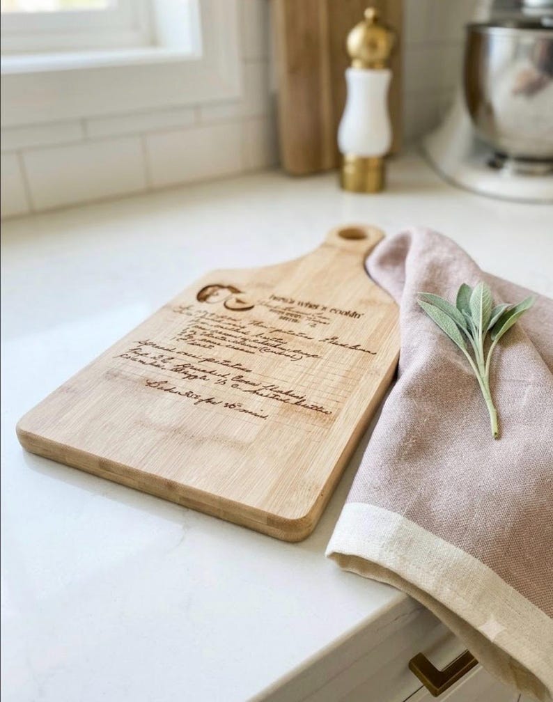 personalized handwritten recipe laser engraved on cutting board gift for mom perfect gift a cutting board with a handwritten recipe from loved one engraved on it