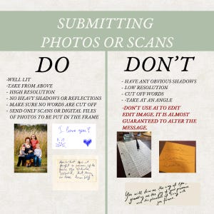 May include: An instructional infographic titled SUBMITTING PHOTOS OR SCANS with two columns labeled DO and DON'T. The DO side lists requirements for well-lit, high-resolution images without shadows, including examples of a family photo and handwritten notes.