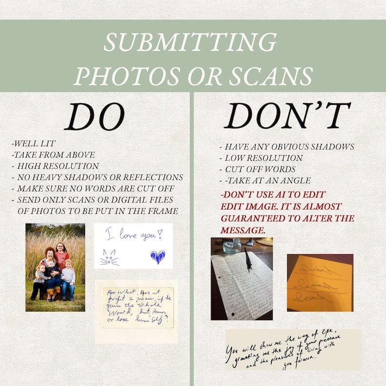May include: An instructional infographic titled SUBMITTING PHOTOS OR SCANS with two columns labeled DO and DON'T. The DO side lists requirements for well-lit, high-resolution images without shadows, including examples of a family photo and handwritten notes.