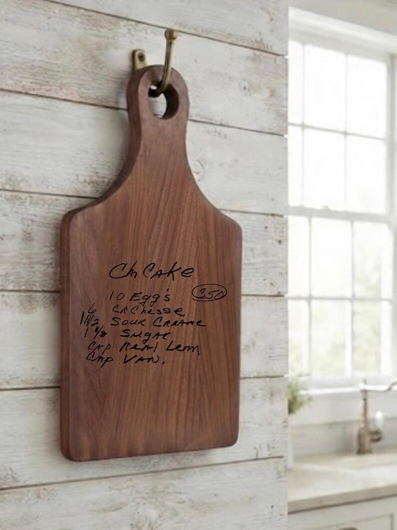 gift for mom walnut cutting board engraved with loved one's handwritten recipe engraved on it with laser engraving handwriting