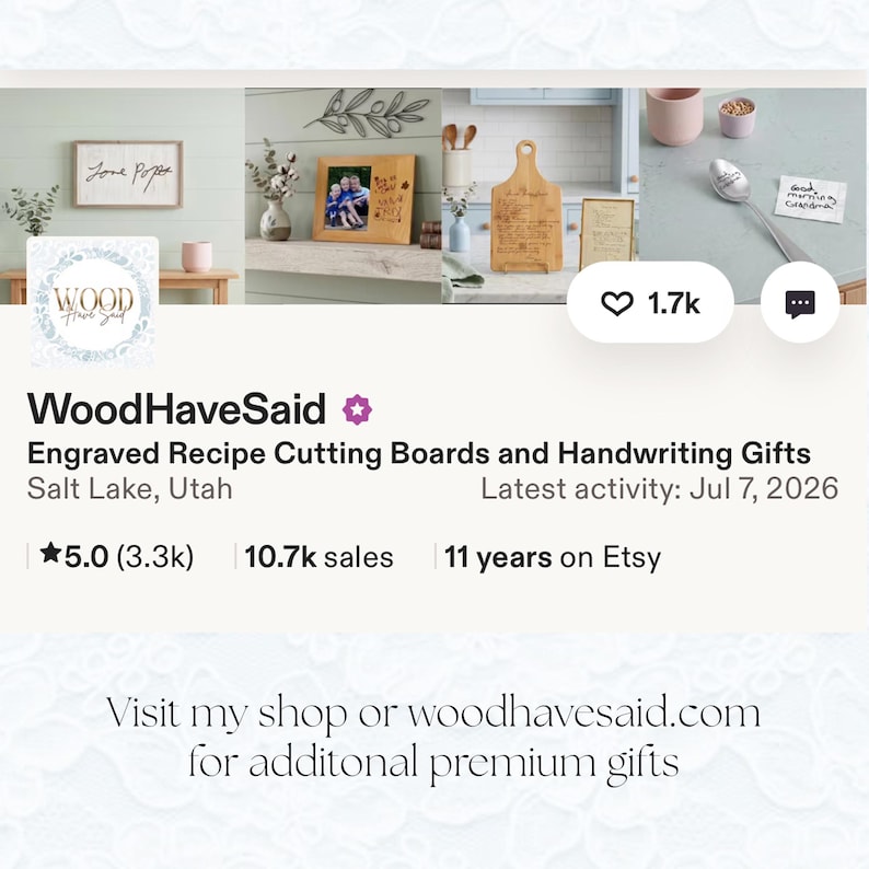May include: The WoodHaveSaid Etsy shop profile page displays a logo, shop name, location in Salt Lake, Utah, and statistics including 10.7k sales and 11 years on Etsy. It features images of engraved wooden cutting boards, picture frames, and a spoon.