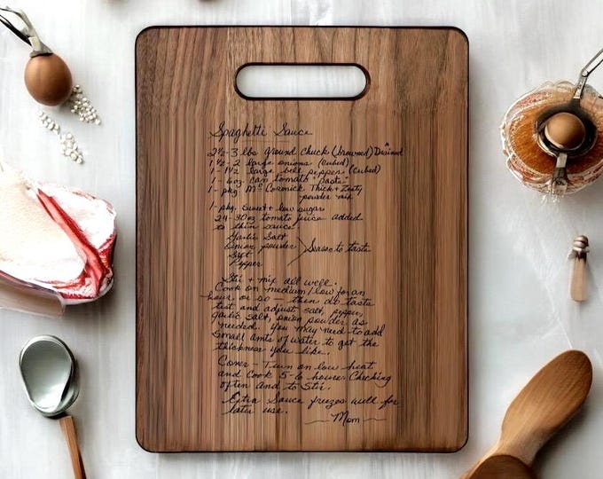 Engraved Recipe Cutting Board kitchen decor handwritten, walnut personalized handwriting, walnut, Custom handwritten gift, board with handle