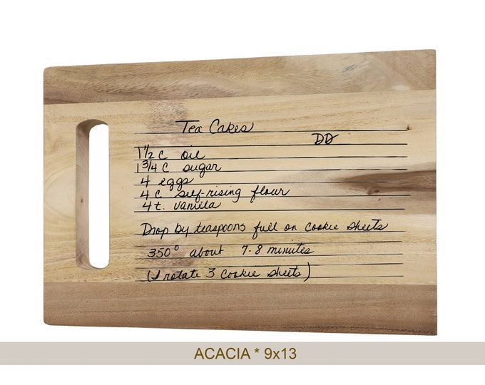 Engraved Recipe Cutting Board kitchen decor handwritten, walnut personalized handwriting, Acacia, Custom handwritten gift, board with handle
