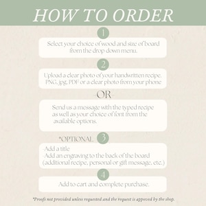 May include: An instructional graphic titled HOW TO ORDER with four numbered steps. It outlines selecting wood and size, uploading a handwritten recipe photo, sending a typed recipe, adding an optional title or back engraving, and completing the purchase.
