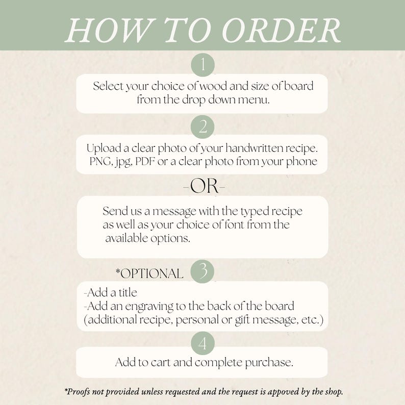 May include: An instructional graphic titled HOW TO ORDER with four numbered steps. It outlines selecting wood and size, uploading a handwritten recipe photo, sending a typed recipe, adding an optional title or back engraving, and completing the purchase.