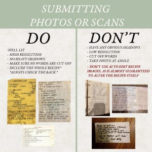 May include: An instructional infographic titled SUBMITTING PHOTOS OR SCANS with two columns labeled DO and DON'T. The DO side lists guidelines for recipe photography with examples of clear recipe cards. The DON'T side shows examples of poor quality photos.
